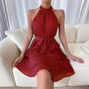 Chic Women's High-Neck Ruffle Dress with Belt