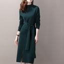 Chic Knitted Dress with Side Slit and Fitted Belt
