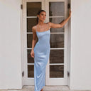 Chic Satin Maxi Dress with Off-Shoulder Straps and Side Slit