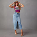 Chic Women's Denim Midi Skirt with Side Slit