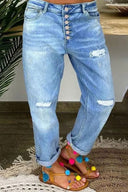 Distressed Button Fly Boyfriend Jeans for Women