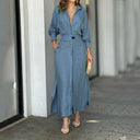 Women's Linen Maxi Dress with Button Placket and Side Slits