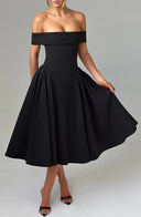 Off-Shoulder Midi Dress with Flared Pleats and Pockets