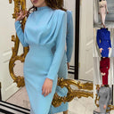 Chic Floor-Length Dress with Stand-Up Collar and Ruching Design
