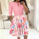 Floral Print A-Line Dress with Waist Belt for Women