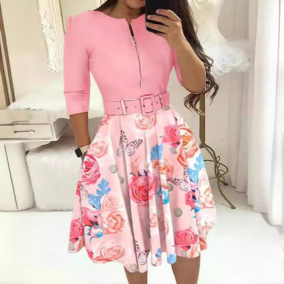 Floral Print A-Line Dress with Waist Belt for Women