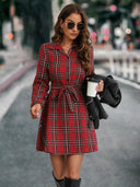 Checkered Long Sleeve Shirt Dress with Tie Belt