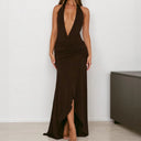 Chic Women's Maxi Dress with Deep V-Neck & Ruffles