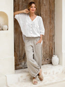 Chic Women's Linen Blouse with Button Accents
