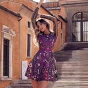 Floral Print Dress with Sheer Sleeves and Waist Belt
