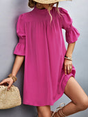 Chic Short-Sleeve Dress with Stand Collar and Flowing Sleeves