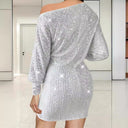 Chic Mini Dress with Asymmetrical Neckline & Balloon Sleeves