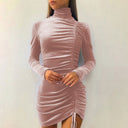 Chic Velvet Mini Dress with High Collar and Stylish Gathered Design
