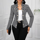 Chic Houndstooth Blazer Jacket with Shiny Buttons