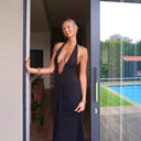 Chic Women's Maxi Dress with Deep V-Neck & Ruffle Accents for Special Occasions