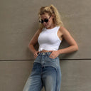 Chic Women’s High-Waist Denim Pants with Stylish Patchwork