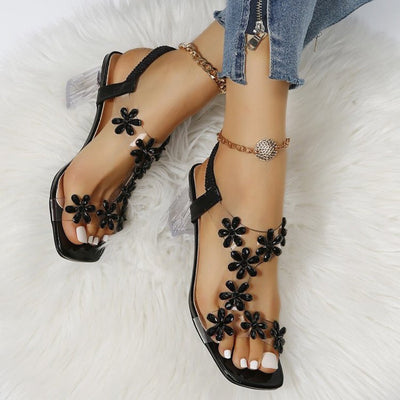 Women's Glamorous Sandals with Transparent Block Heel and Floral Accents by Heidi-Mode
