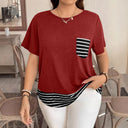 Striped Hem Women's T-Shirt with Chest Pocket