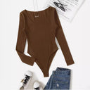 Women's Ribbed Long Sleeve Bodysuit with Deep U-Neck Design