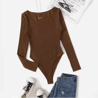 Women's Ribbed Long Sleeve Bodysuit with Deep U-Neck Design