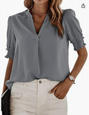 Ruffled Sleeve Short Sleeve Blouse with Stand-Up Collar