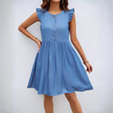 Ruffled Shoulder Women's Dress with Button Placket