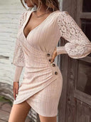 Chic Women's Wrap Dress with Lace Sleeves and Button Accents