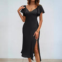Chic V-Neck Midi Dress with Ruffle Accents