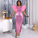 Stunning Evening Dress with Sequin Trim and Ruffled Shoulders