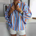 Women's Striped Blouse with Wide Sleeves and Button Closure