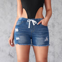 Women's Trendy Denim Shorts with Elastic Waist and Distressed Style