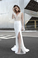 Chic High Slit Evening Gown with Sheer Top and Pearl Accents