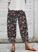 Floral Print Women's Wide-Leg Trousers with Stretch Waist