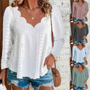Women's Lace Detail Long Sleeve Blouse with Wave Neckline