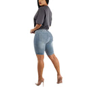 High-Waisted Denim Bermuda Shorts with Distressed Design