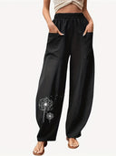 Artistic Dandelion Palazzo Pants with Smart Pockets for Women