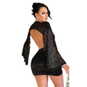 Glamorous Mini Dress with Deep Back and Shimmering Sleeves