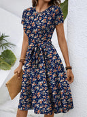Floral Midi Dress with Chic Waist Belt