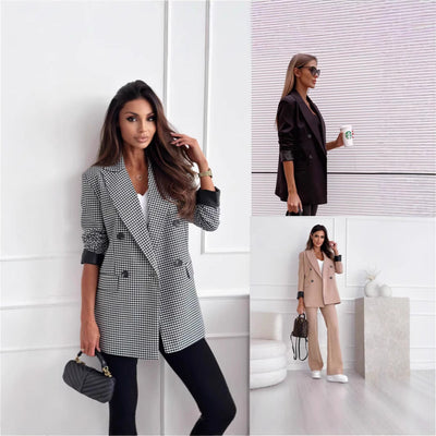 Chic Checkered Blazer Jacket with Double-Breasted Closure