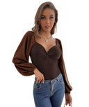 Chic Women's Bodysuit with Knot Accents and Puff Sleeves