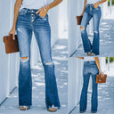 Trendy High-Waisted Flared Jeans with Distressed Accents