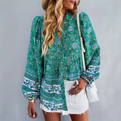 Colorful Floral Women's Blouse with Ruffled Sleeves