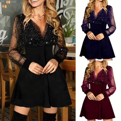 Chic Short Sleeve Dress with Sheer Sleeves and Glitter Accents