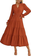 Chic Women's Maxi Dress with Button Details and Flowing Sleeves