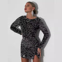 Glitter Mini Dress with Long Sleeves and Chic Slit