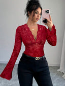 Women's Lace Top with Deep V-Neck & Ruffle Accents