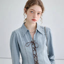 Women's Denim Blouse with Unique Lacing Detail