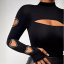 Chic Long Sleeve Bodysuit with Heart Cut-Outs and Rhinestone Accents