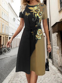 Floral-Designed Women's Dress with Side Belt