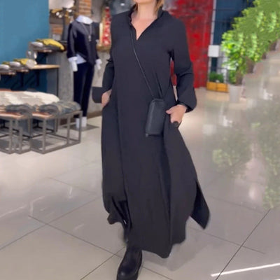 Chic Women's Long Sleeve Dress with Stylish Pockets and Stand-Up Collar